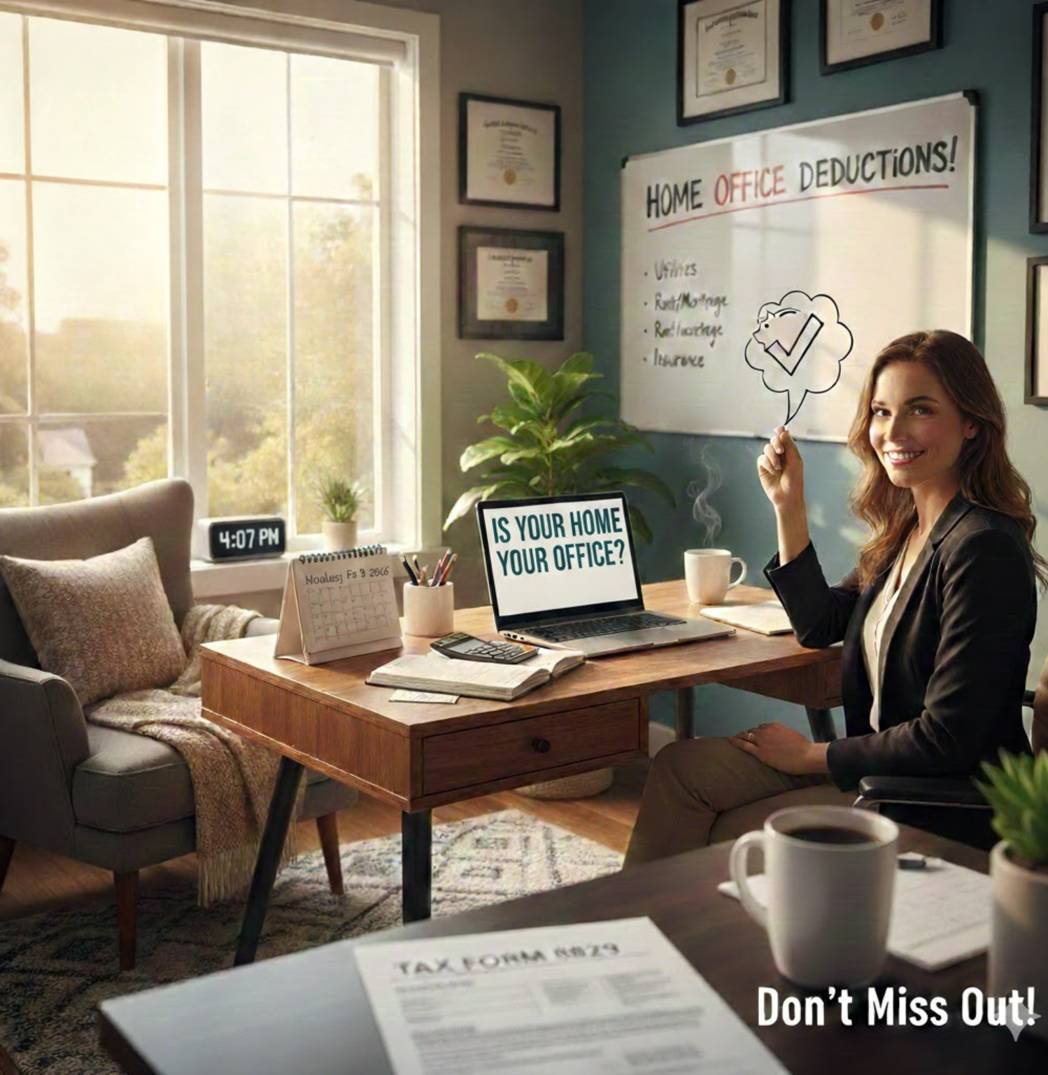 A woman sitting at a desk in a well-lit home office, smiling while pointing to a thought bubble with a checkmark. A laptop on the desk displays the text "IS YOUR HOME YOUR OFFICE?" and a whiteboard in the background lists "HOME OFFICE DEDUCTIONS!" Tax Deduction including utilities and rent/mortgage.