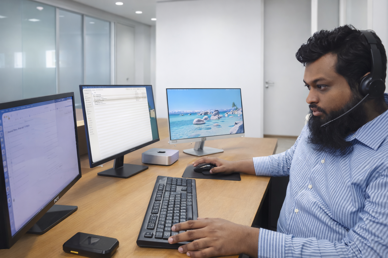 Professional bookkeeper at Siam Accounting Solutions using a multi-monitor setup to manage remote bookkeeping and financial reports for US businesses.