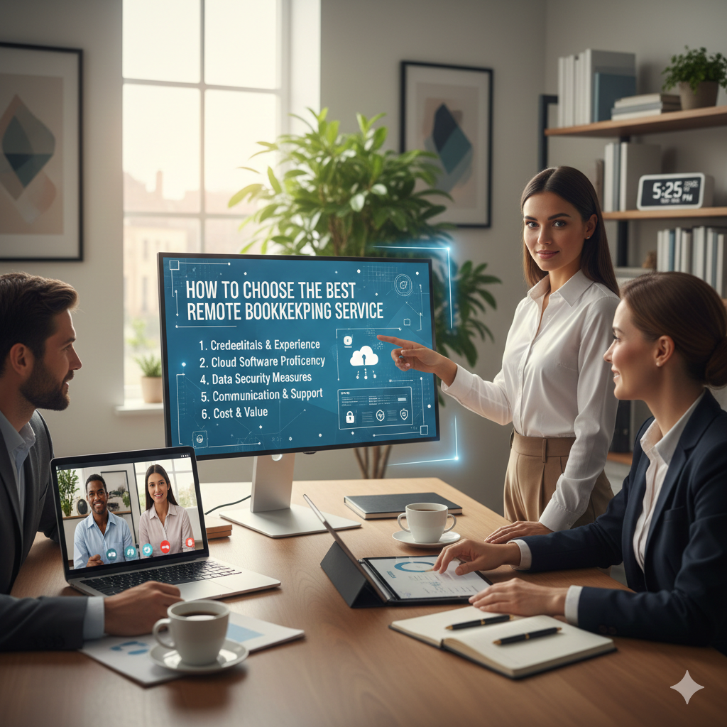 A professional office setting where a team is discussing remote services. A large monitor displays "HOW TO CHOOSE THE BEST REMOTE BOOKKEEPING SERVICE " with a checklist including Credentials, Cloud Software Proficiency, Data Security, Communication, and Cost. A laptop on the desk shows a video conference with two remote colleagues.