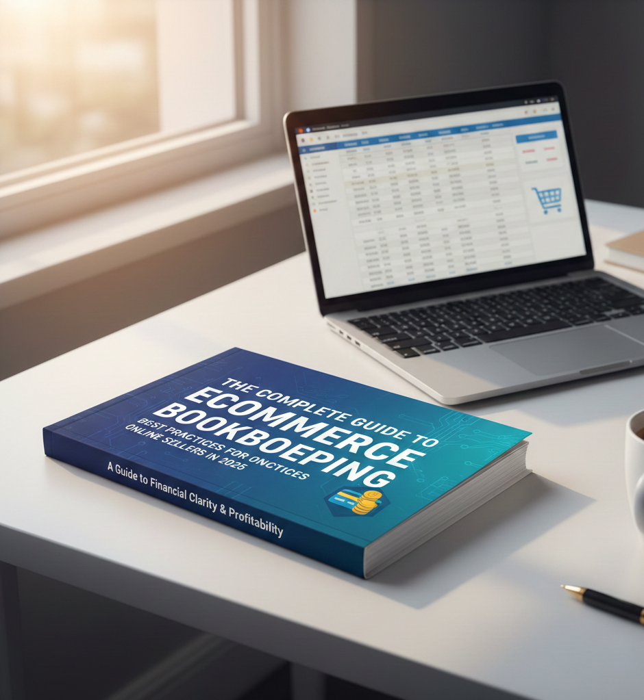 A high-quality book titled "The Complete Guide to Ecommerce Bookkeeping" lying on a white desk next to a laptop displaying financial charts and a steaming cup of coffee.