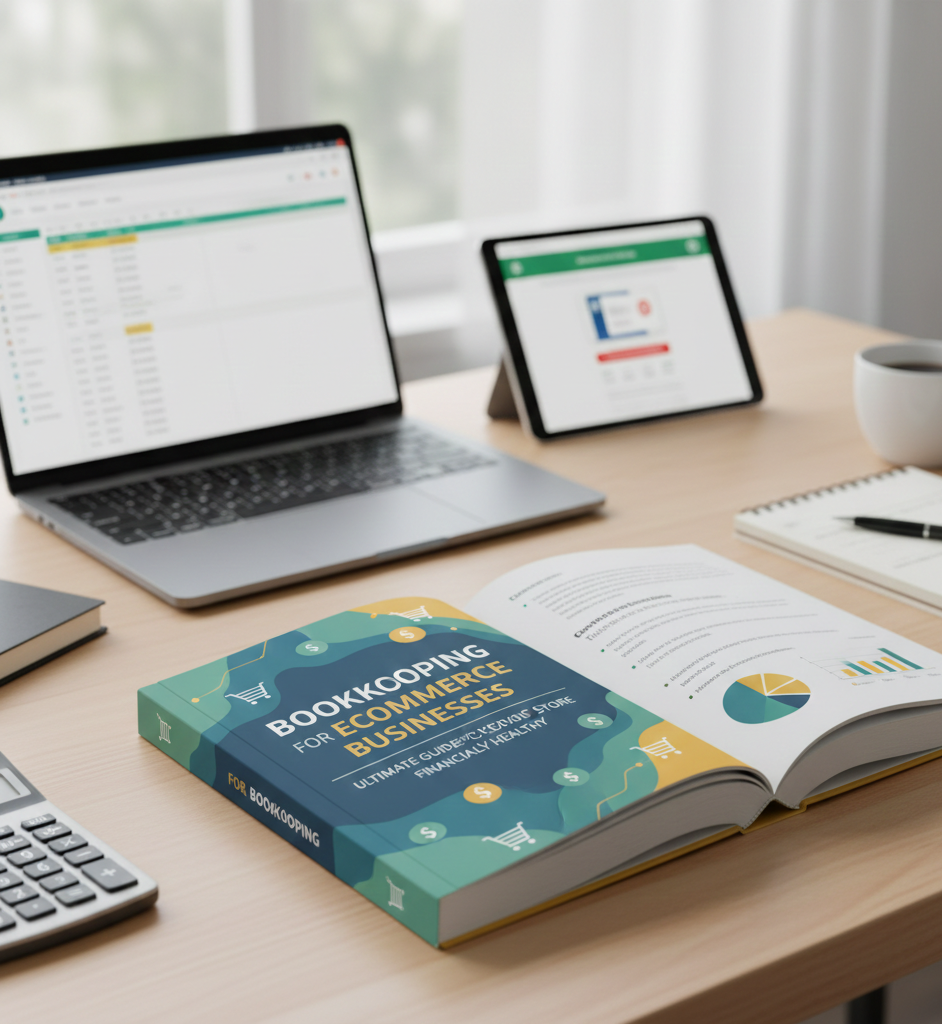 An open book titled " Ecommerce Businesses " on a wooden desk, showing colorful charts and graphs inside, with a laptop and calculator in the background.