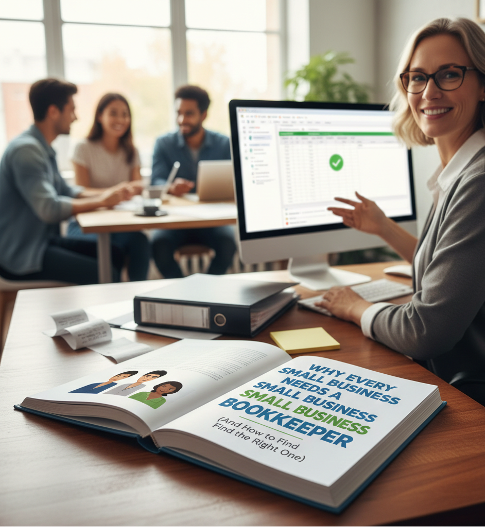 A friendly, professional bookkeeper smiling while gesturing toward a computer screen showing balanced financial records, with a guidebook opened for small business owners to search small business bookkeeper on the desk in the foreground.