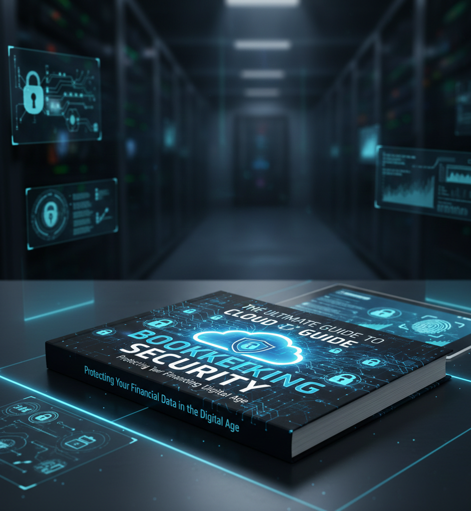 A professional tech-focused book titled "The Ultimate Guide to Cloud Bookkeeping Security" resting on a glowing digital surface within a high-tech server room, surrounded by holographic security icons and fingerprints.