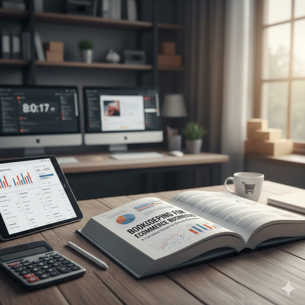 A professional home office desk featuring an open guidebook titled "Bookkeeping for Ecommerce Businesses," a digital tablet with financial charts, a calculator, and shipping boxes in the background.