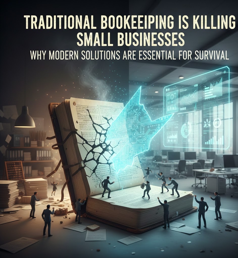 This image is a theme against Traditional Bookkeeping A large, cracked vintage ledger book on a desk with a glowing blue digital data interface and holographic charts bursting out of its center, set against a modern office background.