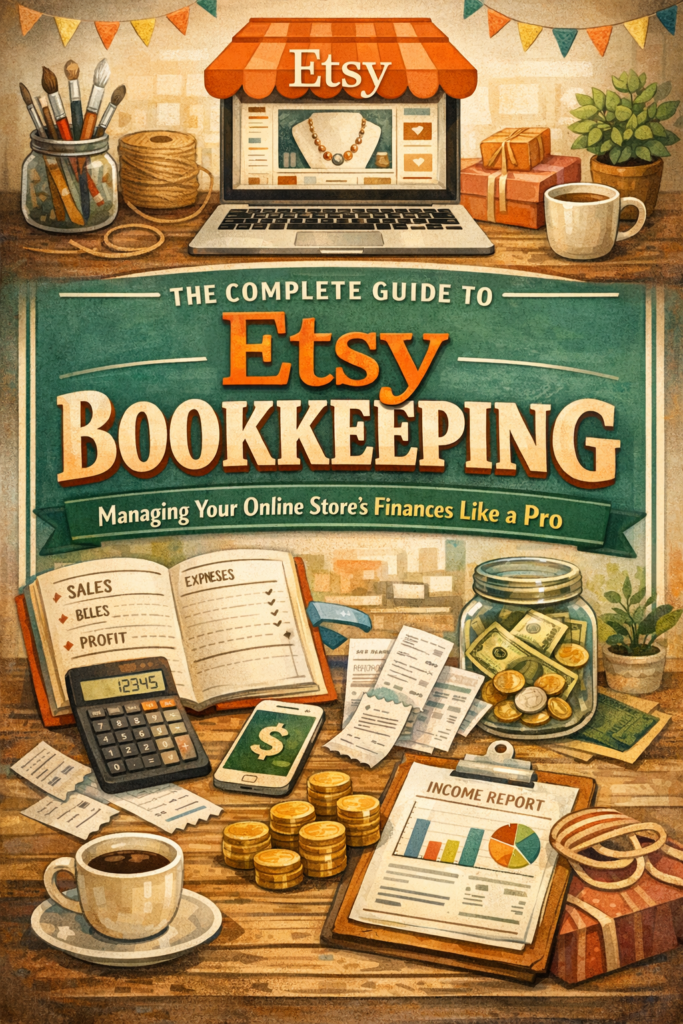 Illustrated poster of Etsy bookkeeping showing an Etsy shop on a laptop, sales reports, calculator, receipts, coins, and income charts on a creative workspace.
