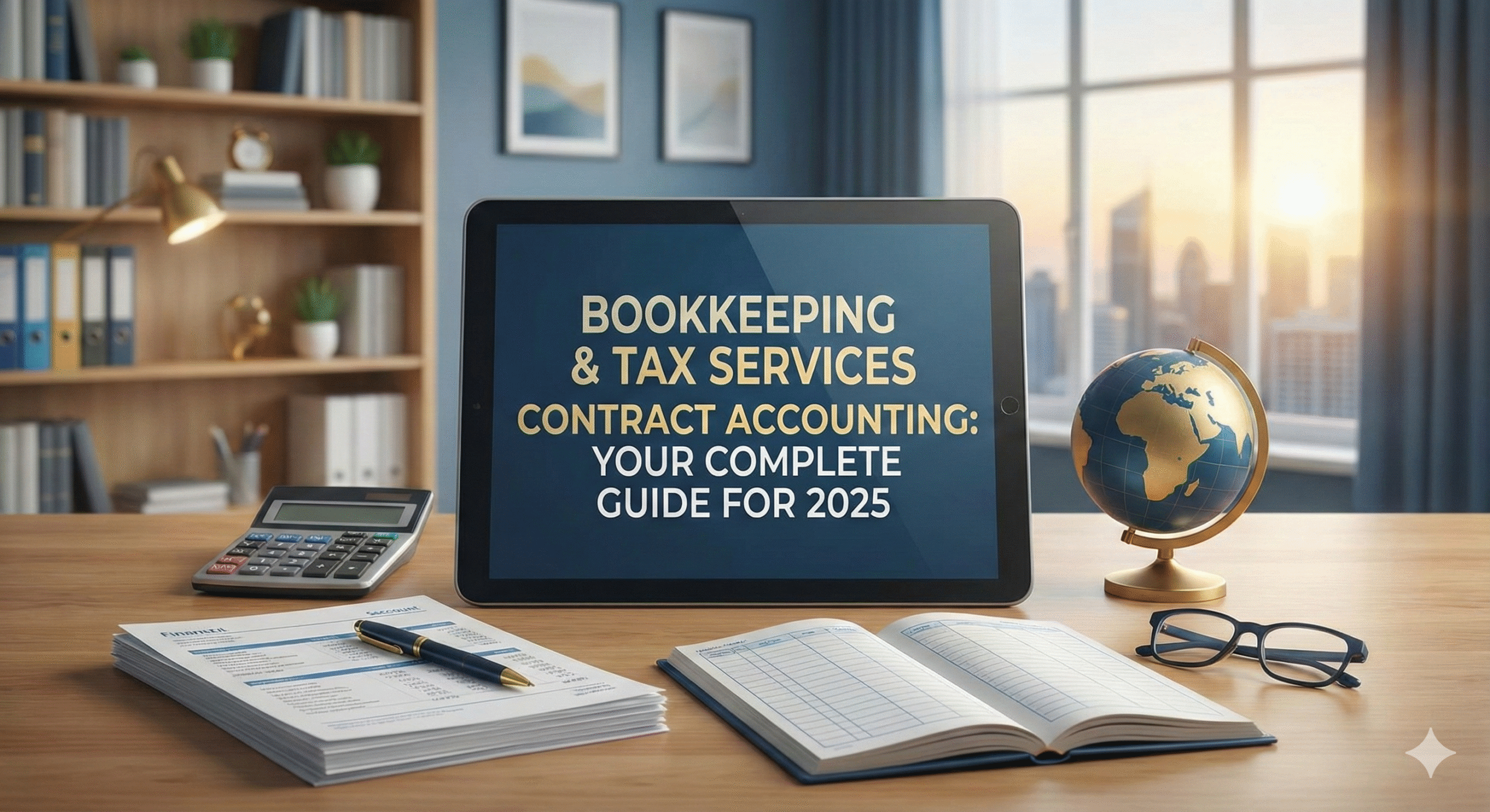 A professional desk setup featuring a tablet displaying the text "BOOKKEEPING & TAX SERVICES CONTRACT ACCOUNTING: YOUR COMPLETE GUIDE FOR 2025". The desk also holds a calculator, a stack of financial documents, an open ledger, reading glasses, and a globe. The background is a modern office with bookshelves and a window view of a city skyline at sunrise.