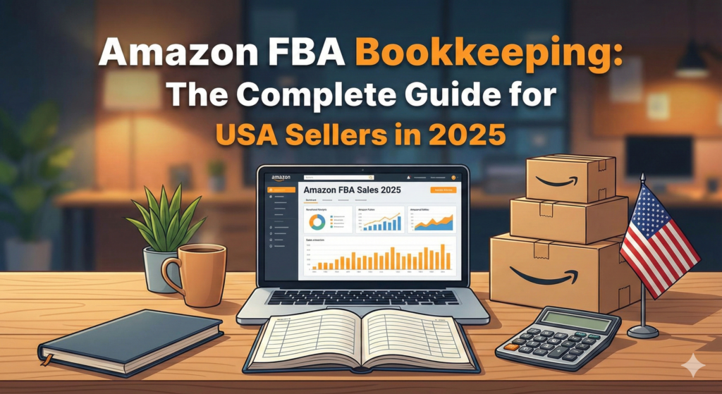 A blog post header image featuring a wooden desk with a laptop displaying an "Amazon FBA Sales 2025" dashboard, an open ledger, a calculator, stacked Amazon boxes, and a small USA flag. The title "Amazon FBA Bookkeeping: The Complete Guide for USA Sellers in 2025" is prominent in the upper half of the image.