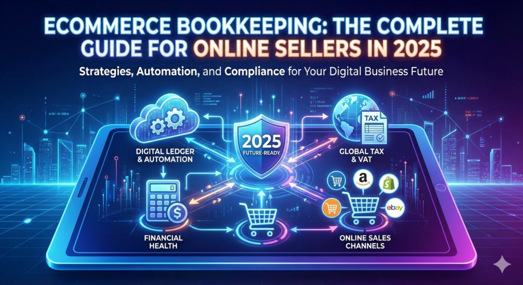 Illustration of a digital tablet displaying ecommerce bookkeeping concepts for 2025, including automation, digital ledgers, financial health, global tax and VAT compliance, and multiple online sales channels, connected through a central “2025 Future-Ready” shield.