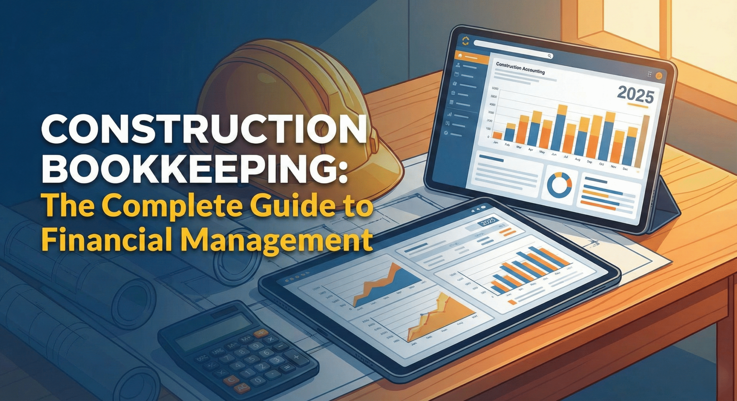 An illustration showing a desk with construction blueprints, a yellow hard hat, a calculator, and two tablets displaying financial charts and graphs with the year "2025". Text overlay reads "CONSTRUCTION BOOKKEEPING: The Complete Guide to Financial Management".