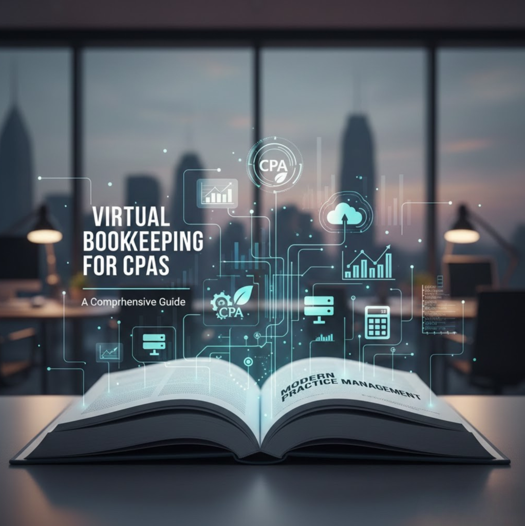 A professional open book with digital holographic financial data, icons, and growth charts representing virtual bookkeeping services for CPAs floating above it in a modern office setting.