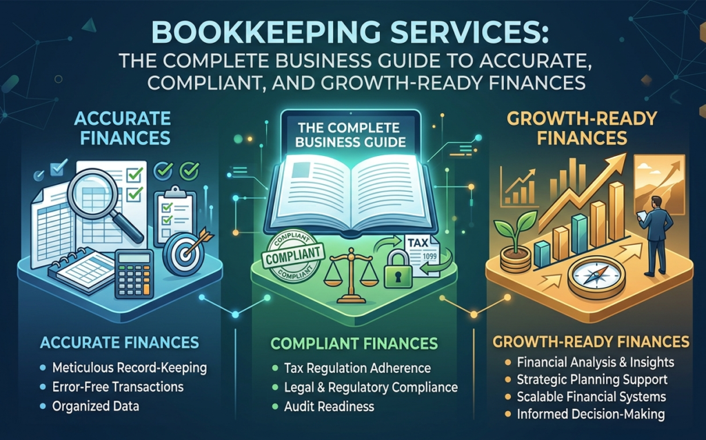A professional, high-contrast infographic titled "Bookkeeping Services: The Complete Business Guide." The image is divided into three distinct colored sections: blue for "Accurate Finances," green for "Compliant Finances," and gold for "Growth-Ready Finances." Each section features relevant icons like calculators, scales of justice, and rising growth charts, presented in a clean, modern digital aesthetic.