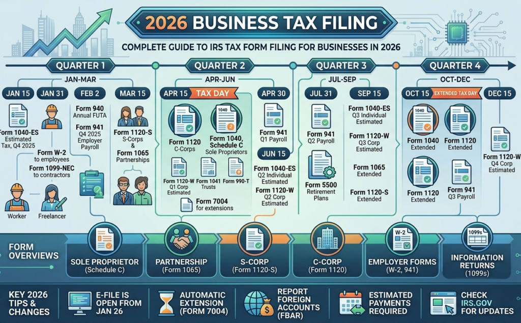 IRS tax form filing for businesses is presented in a comprehensive 2026 business tax filing infographic displaying a quarterly timeline of IRS deadlines, specific tax forms for different business structures, and key filing tips for the year.