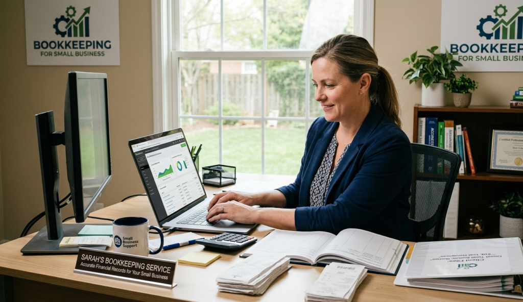 A professional woman sitting at an organized desk in a home office, working on a laptop displaying financial charts and graphs. The desk features a calculator, organized receipts, a ledger, and a nameplate that reads "Bookkeeping Service for small business."