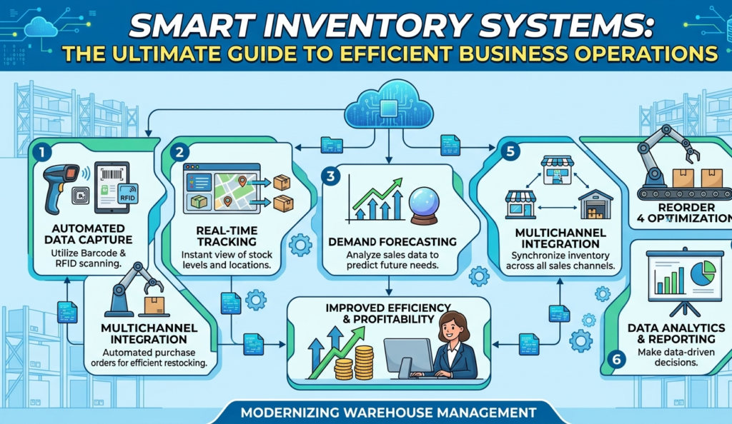 A detailed business infographic titled "Smart Inventory Systems: The Ultimate Guide to Efficient Business Operations." The graphic features a central cloud server connecting six numbered steps: 1. Automated Data Capture (RFID/Barcode), 2. Real-Time Tracking, 3. Demand Forecasting with sales graphs, 4. Reorder Optimization via automation, 5. Multichannel Integration across storefronts, and 6. Data Analytics and Reporting. The design uses a professional blue and teal color palette with clean icons and a modern warehouse background.