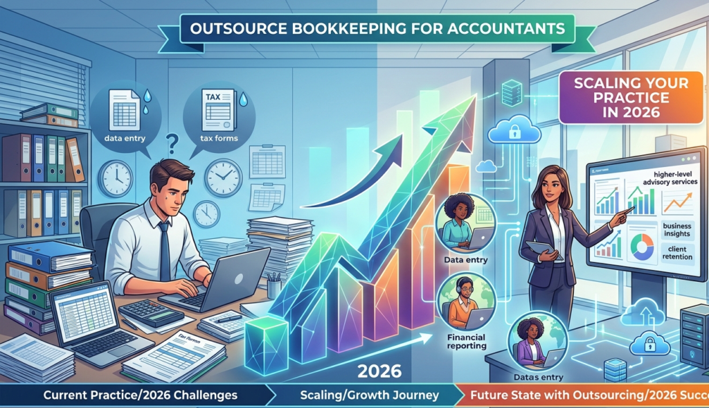 OUTSOURCE BOOKKEEPING FOR ACCOUNTANTS: An infographic comparing a traditional, chaotic office overwhelmed with manual tasks on the left, to a modern, efficient practice leveraging cloud technology and a specialized team on the right, all illustrating a growth journey toward 2026.