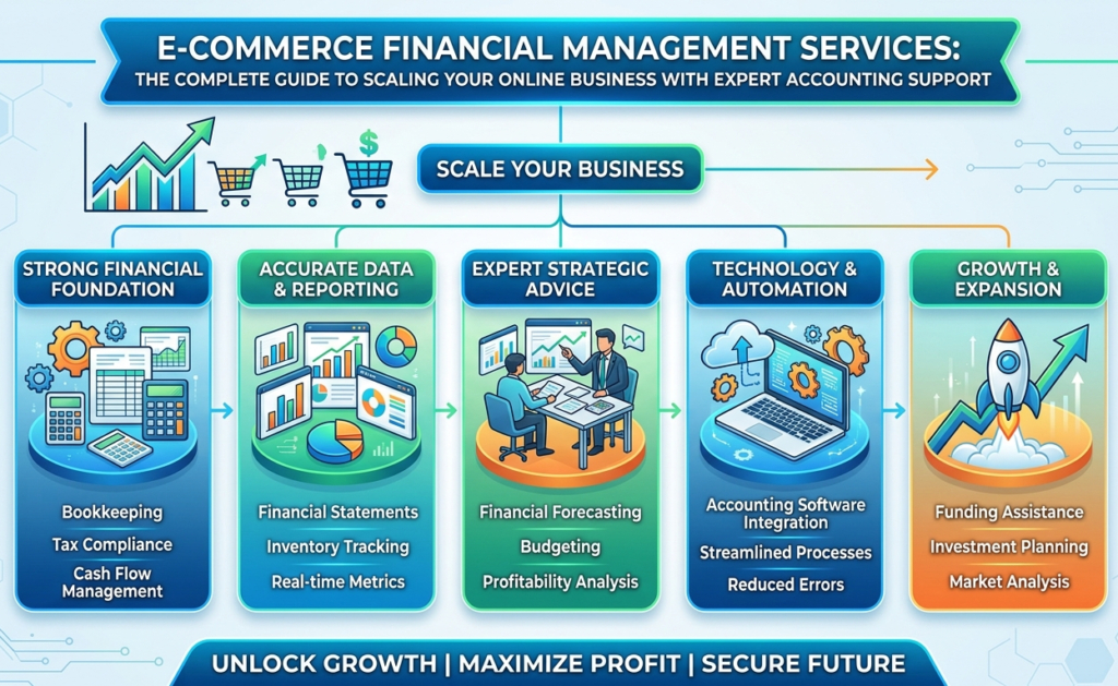 An infographic titled "E-Commerce Financial Management Services: The Complete Guide to Scaling Your Online Business with Expert Accounting Support." The image features a five-step flow: Strong Financial Foundation, Accurate Data & Reporting, Expert Strategic Advice, Technology & Automation, and Growth & Expansion. Each step includes relevant icons like calculators, charts, and a rocket, with a bottom banner reading "Unlock Growth | Maximize Profit | Secure Future."