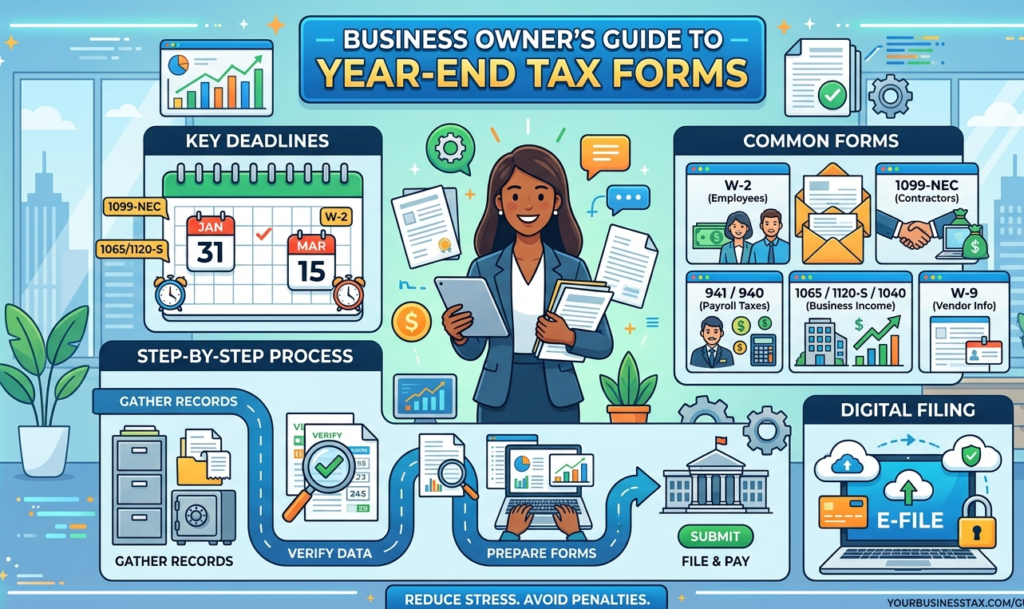 An infographic titled "Business Owner's Guide to Year-End Tax Forms" featuring a professional woman in an office setting. The graphic includes sections for Key Deadlines (Jan 31 and March 15), Common Forms (W-2, 1099-NEC, 941, 1065), and a four-step process: Gather Records, Verify Data, Prepare Forms, and File & Pay.