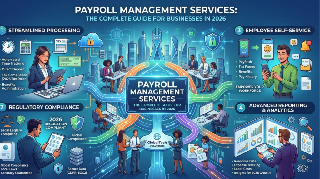 A professional infographic titled "Payroll Management Services: The Complete Guide for Businesses in 2026." The central graphic shows a modern digital network connecting four key sections: Streamlined Processing, Regulatory Compliance, Employee Self-Service, and Advanced Reporting & Analytics. Diverse professionals are shown working in a high-tech office environment with digital interfaces, charts, and cloud security icons.
