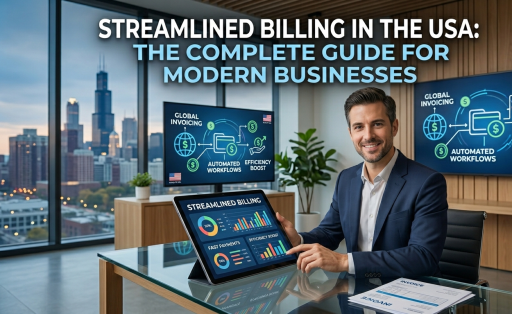 A professional male executive in a high-rise office showcasing a digital dashboard for " Streamlined Billing in the USA " featuring automated workflows and payment processing infographics.
