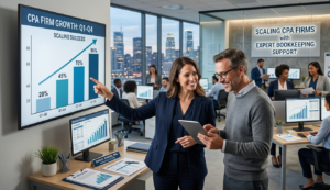 A professional office setting where two CPA firm leaders—a woman in a navy suit and a man with glasses—discuss a "CPA Firm Growth" chart on a large wall monitor showing a significant upward trend from 20% to 95%. In the back, there is a board hanging that says"Scaling CPA firms with expert bookkeeping support." This image is all about Outsourced Bookkeeping for CPAs.