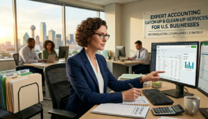 A professional accountant in a modern office working on financial reconciliation and Accounting Catch-Up and Clean-Up Services USA.