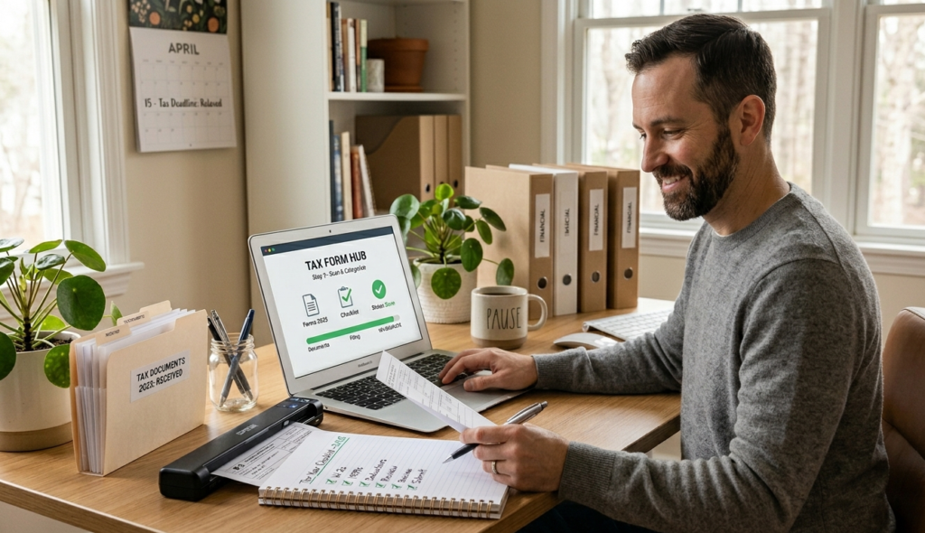 A smiling man sitting at a clean, organized wooden desk using a laptop with a "Tax Form Hub" interface, surrounded by neatly labeled "Financial" binders, a document scanner, and a physical "Tax Documents" folder. He is happy about year-end tax form management.