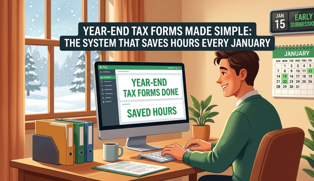 An illustration of a man sitting at a desk in a cozy room with a winter window view, smiling as he works on a computer. The screen displays 'YEAR END TAX FORMS DONE' and 'SAVED HOURS'. A large overlay at the top reads 'YEAR-END TAX FORMS MADE SIMPLE: THE SYSTEM THAT SAVES HOURS EVERY JANUARY'. A January calendar on the wall highlights an early submission date.