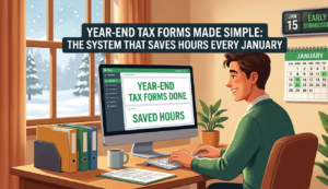 An illustration of a man sitting at a desk in a cozy room with a winter window view, smiling as he works on a computer. The screen displays 'YEAR END TAX FORMS DONE' and 'SAVED HOURS'. A large overlay at the top reads 'YEAR-END TAX FORMS MADE SIMPLE: THE SYSTEM THAT SAVES HOURS EVERY JANUARY'. A January calendar on the wall highlights an early submission date.