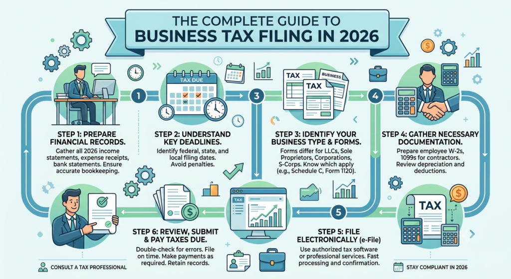 A detailed 6-step infographic titled "The Complete Guide to Business Tax Filing 2026" in a clean, modern vector style with blue and green accents. It maps out a numbered flowchart illustrating the step-by-step process of preparing financial records, understanding deadlines, identifying tax forms, gathering documentation, filing electronically, and making final payments. Each step features relevant business icons, charts, and short instructional descriptions.