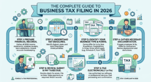A detailed 6-step infographic titled "The Complete Guide to Business Tax Filing 2026" in a clean, modern vector style with blue and green accents. It maps out a numbered flowchart illustrating the step-by-step process of preparing financial records, understanding deadlines, identifying tax forms, gathering documentation, filing electronically, and making final payments. Each step features relevant business icons, charts, and short instructional descriptions.