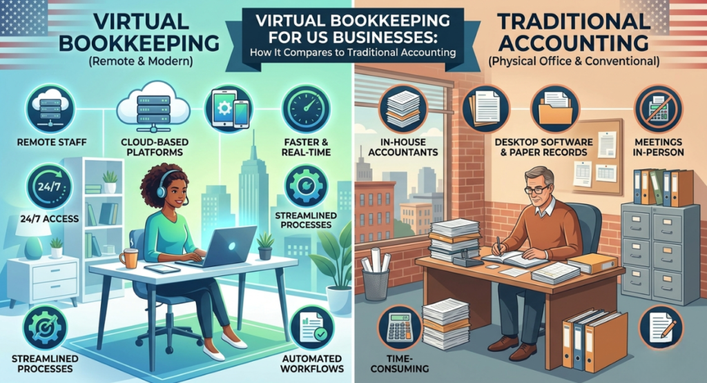 An infographic split vertically down the middle, titled "Virtual Bookkeeping for US Businesses: How It Compares to Traditional Accounting." The left side shows a modern, bright office with a woman working on a laptop, surrounded by icons for "Remote Staff," "Cloud-Based Platforms," "24/7 Access," "Streamlined Processes," "Faster & Real-Time," and "Automated Workflows." The right side shows a traditional, brick-walled office with a man writing in a paper ledger at a desk stacked with papers, surrounded by icons for "In-House Accountants," "Desktop Software & Paper Records," "Meetings In-Person," "Time-Consuming," and "Manual Data Entry."