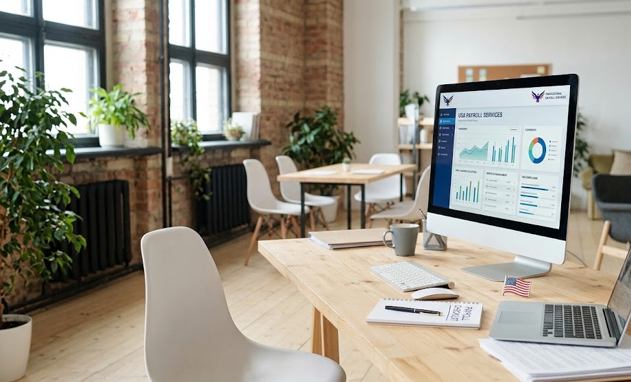 Modern office desk setup featuring a computer screen displaying a Payroll Services USA dashboard, along with a laptop and office supplies with no people present.