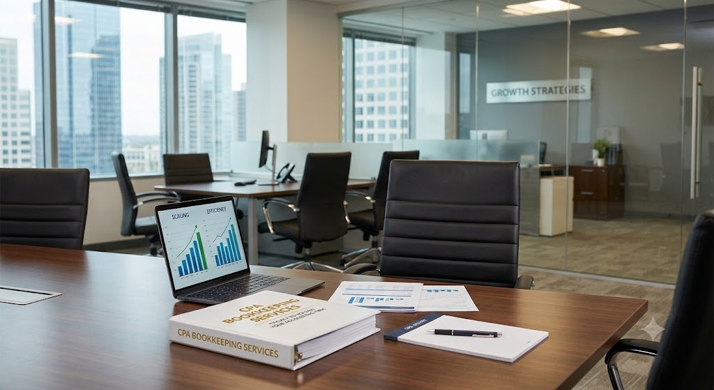 A clean, empty modern conference room featuring a dark wood table with an open laptop showing growth charts, financial reports, and a professional binder labeled "CPA Bookkeeping Services"