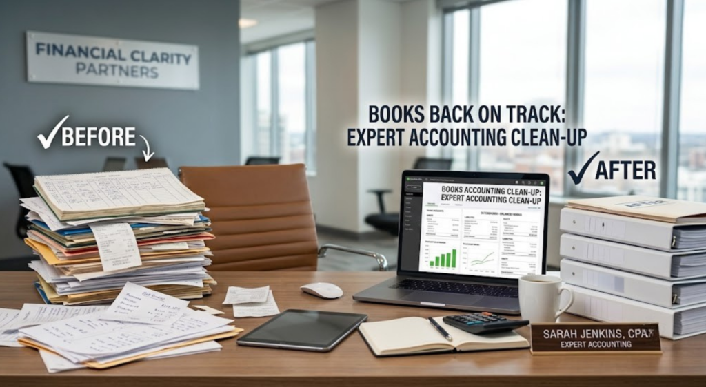 This image is about Accounting Clean-Up Services. An office desk showcasing a "before and after" accounting comparison. On the left, a disorganized, messy stack of paper receipts, invoices, and folders is labeled "Before". On the right, a clean laptop screen displays an organized financial dashboard next to neatly stacked white binders labeled "After".