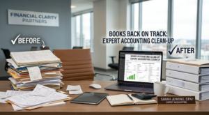 This image is about Accounting Clean-Up Services. An office desk showcasing a "before and after" accounting comparison. On the left, a disorganized, messy stack of paper receipts, invoices, and folders is labeled "Before". On the right, a clean laptop screen displays an organized financial dashboard next to neatly stacked white binders labeled "After".