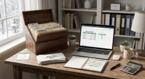 This blog is about year-end tax reporting. An organized wooden desk featuring a laptop displaying a tax summary spreadsheet with checkmarks, neat file folders, a planner marked completed, and a calculator.