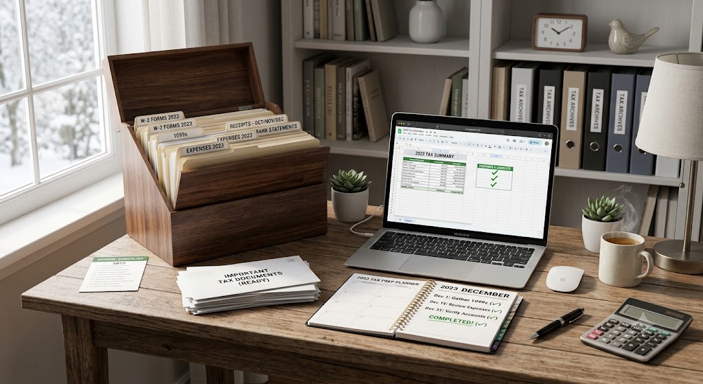 This blog is about year-end tax reporting. An organized wooden desk featuring a laptop displaying a tax summary spreadsheet with checkmarks, neat file folders, a planner marked completed, and a calculator.